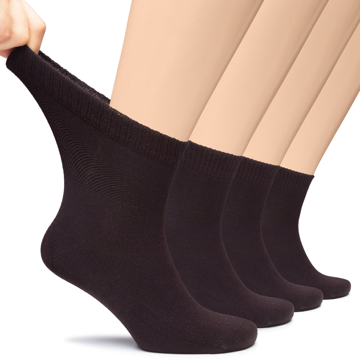 The image depicts a man's hand holding a man's feet adorned in black socks, highlighting Men's Bamboo Diabetic Socks