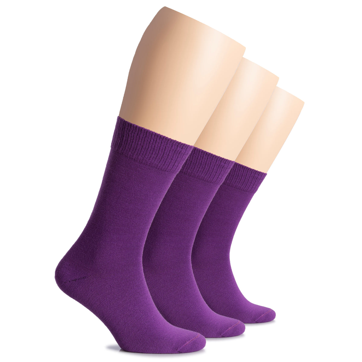 Three women's crew socks made of wool, colored in shades of purple, displayed on a plain white surface.