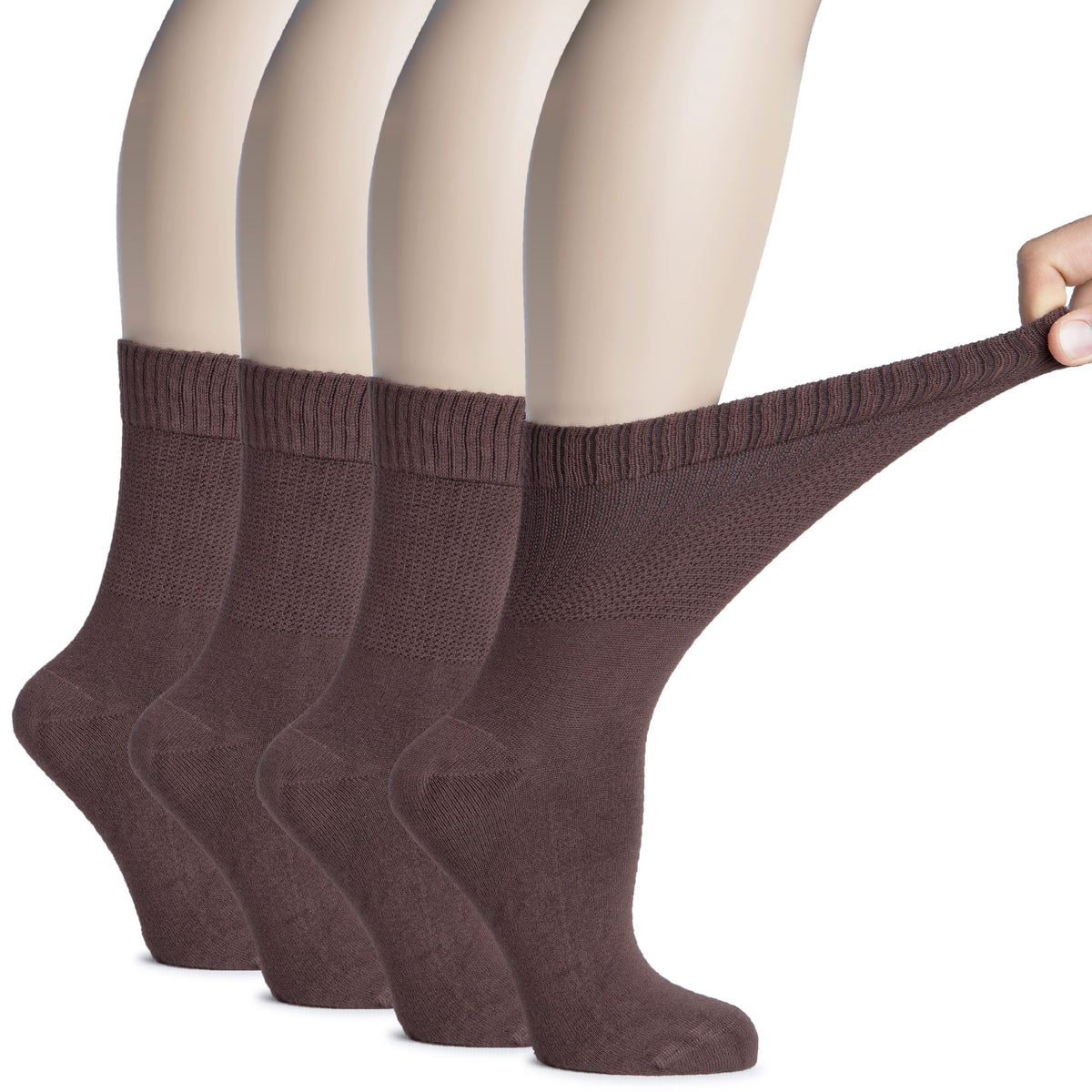 Hugh Ugoli Women's Bamboo Diabetic Crew Thin Socks With Seamless Toe, Soft Socks For Pregnant Women & Elderly People, 4 Pairs | Shoe Size: 9-12 | Light Brown