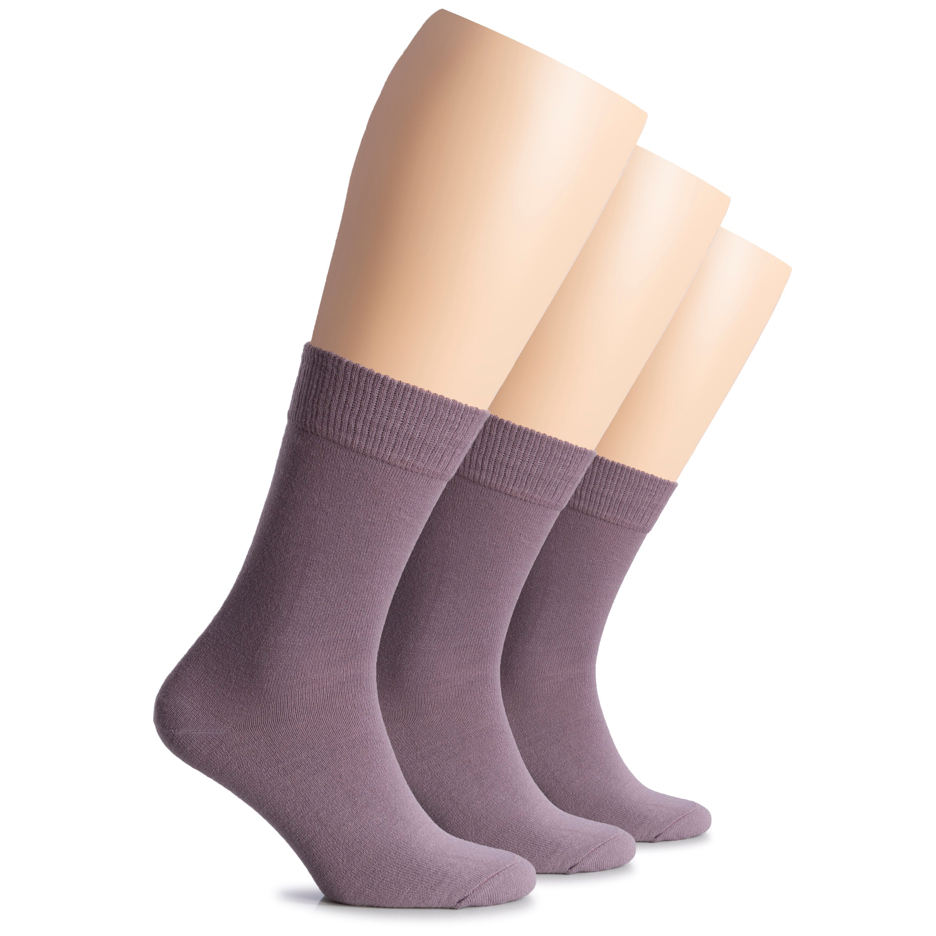 A trio of wool women's crew socks in purple hues, neatly arranged on a white background.