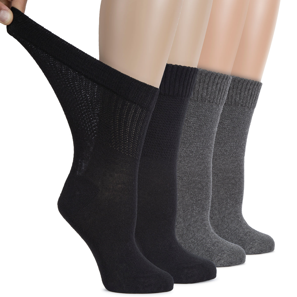 Hugh Ugoli Cotton Diabetic Women's Socks, Crew, Loose, Wide Stretchy, Thin, Seamless Toe and Non-Binding Top, 4 Pairs | Shoe Size: 9-12 | White / LightBeige