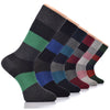 This image depicts six pairs of men's striped socks made of fancy cotton dress crew material. Perfect for adding a touch of sophistication to any outfit.