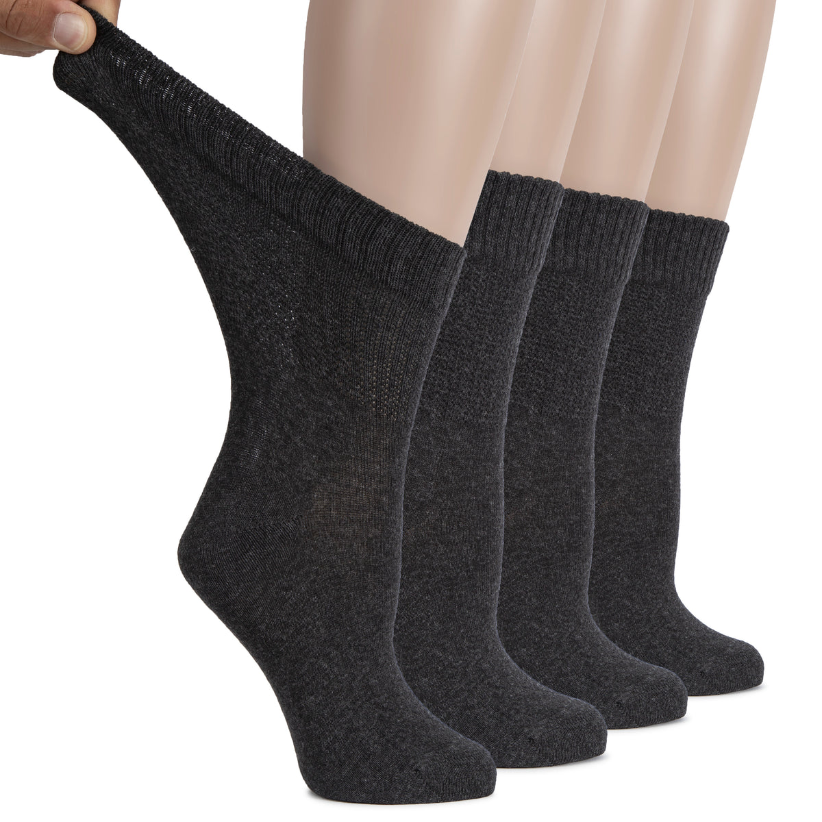 The image shows Women's Diabetic Cotton Crew Socks, with one leg in the air, designed to offer comfort and support to women with diabetes.