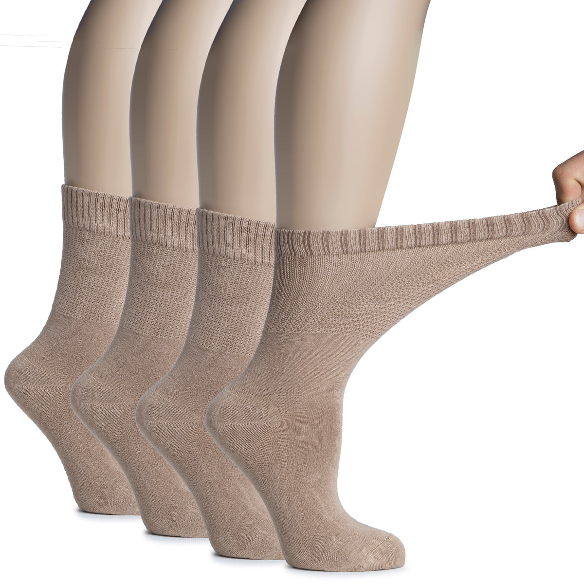 The image depicts a woman wearing Women's Bamboo Diabetic Crew Socks, with her legs wrapped in two pairs of tan socks designed to provide relief and comfort for those with diabetes.