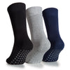 Three pairs of Women's Bamboo Diabetic Ankle Socks with Non Slip Grip. The socks are black, grey, and blue and feature dotted bottoms for added traction.