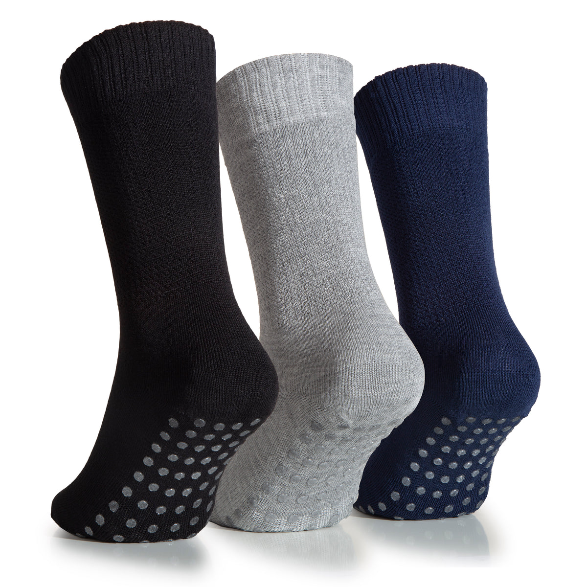 Three pairs of Women's Bamboo Diabetic Ankle Socks with Non Slip Grip. The socks are black, grey, and blue and feature dotted bottoms for added traction.
