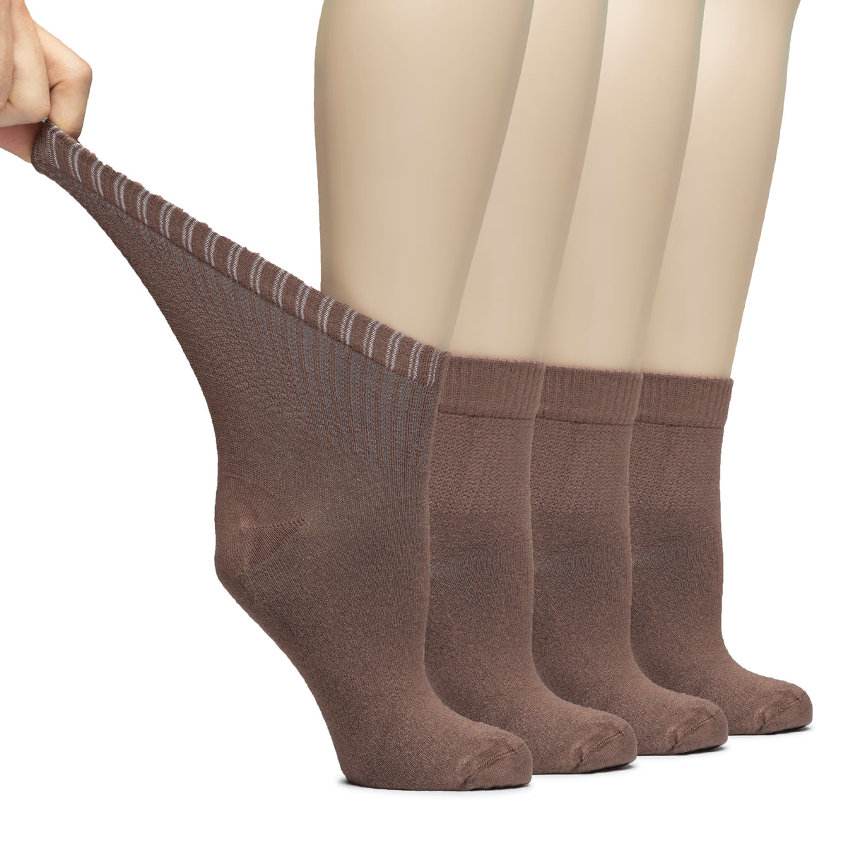 These women's cotton ankle socks feature brown stripes and are designed for diabetics. Made with bamboo for added comfort and breathability.