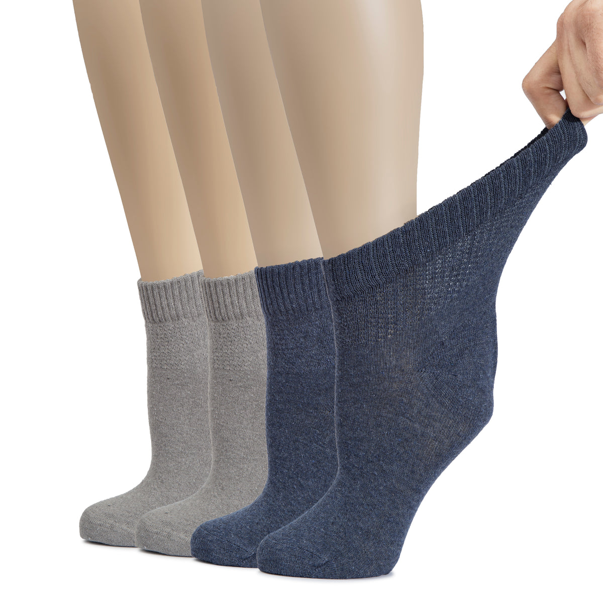 Hugh Ugoli Cotton Diabetic Women's Socks, Ankle Height, Loose, Wide Stretchy, Thin, Seamless Toe and Non-Binding Top, 4 Pairs | Shoe Size: 10-12 | Charcoal / MelangeGrey