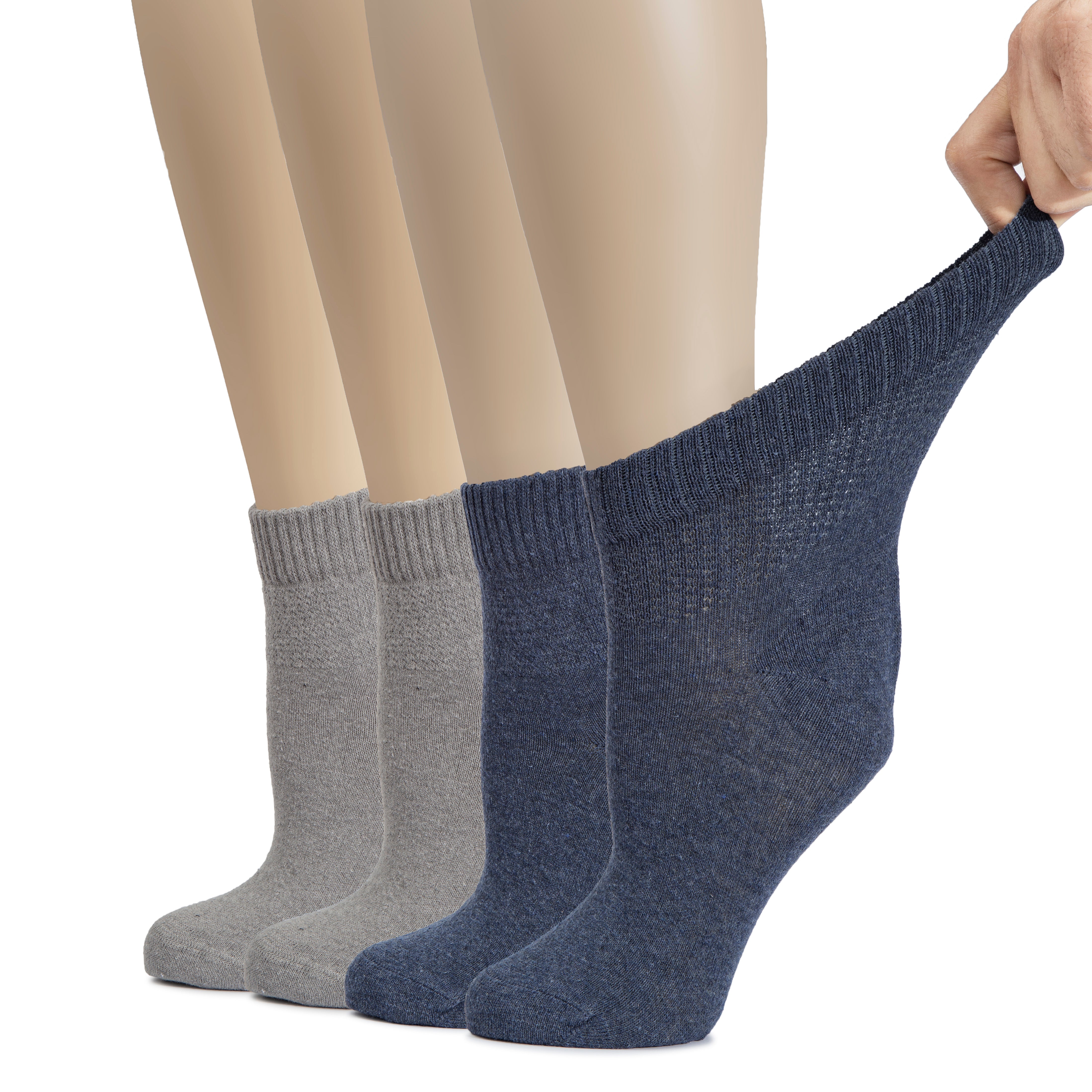 Hugh Ugoli Cotton Diabetic Women's Socks, Ankle Height, Loose, Wide Stretchy, Thin, Seamless Toe and Non-Binding Top, 4 Pairs | Shoe Size: 10-12 | Charcoal / MelangeGrey