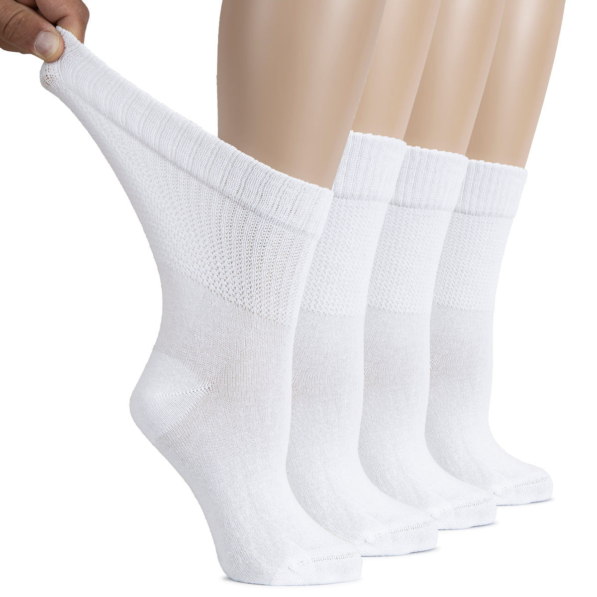 Hugh Ugoli Cotton Diabetic Women's Socks, Crew, Loose, Wide Stretchy, Thin, Seamless Toe and Non-Binding Top, 4 Pairs | Shoe Size: 9-12 | Indigo Blue