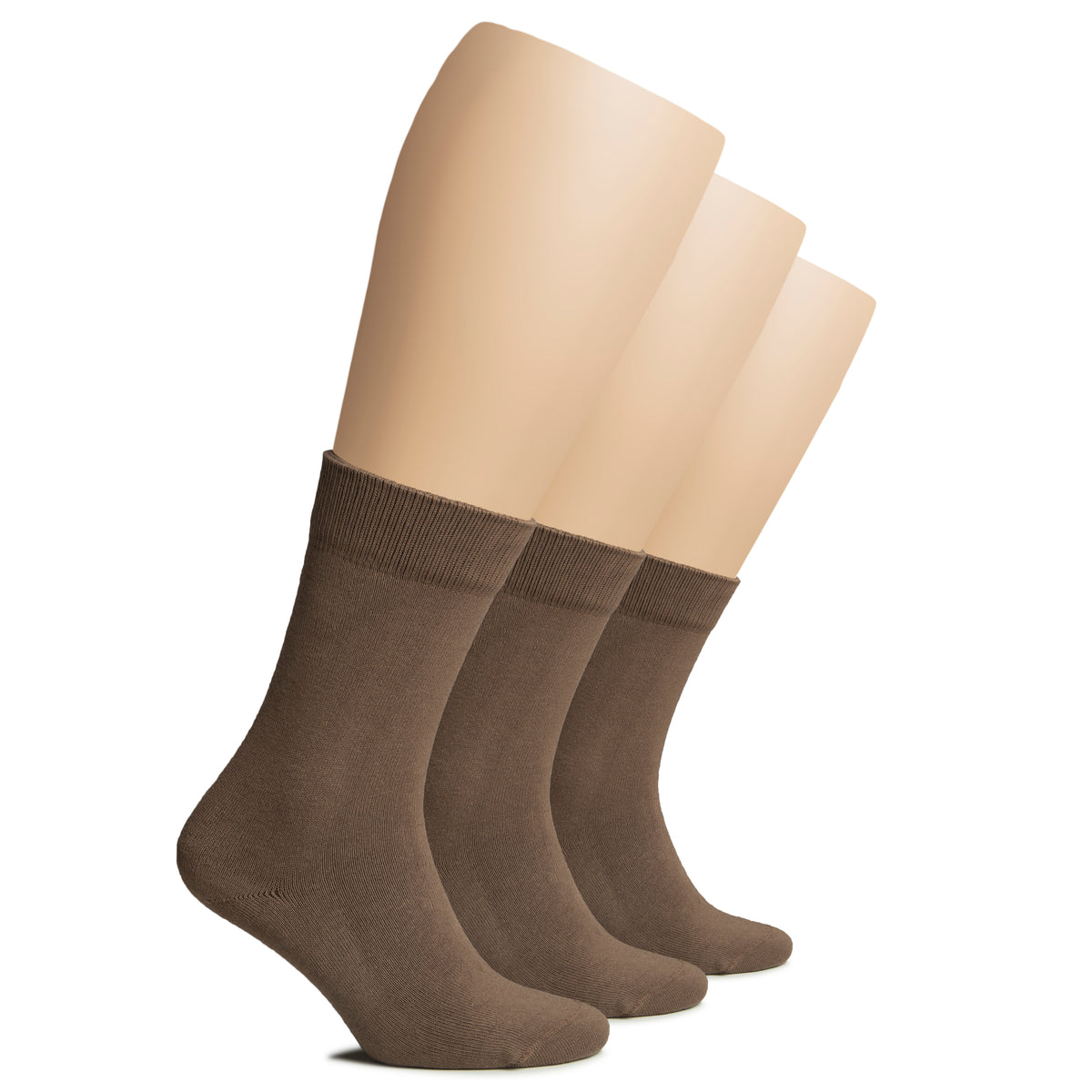A trio of brown Women's Winter Cotton Crew Socks, neatly arranged on a white background.