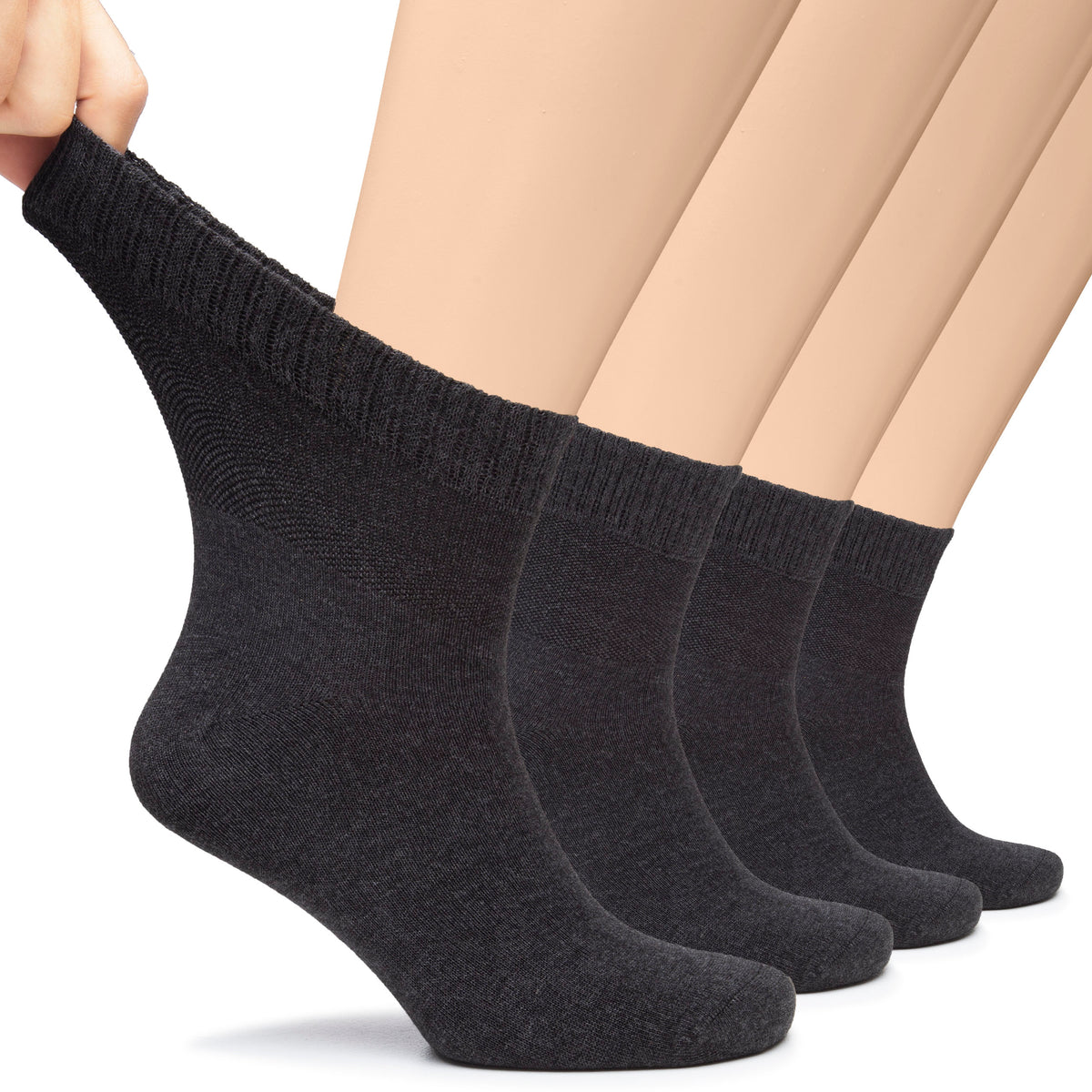 This image depicts a man's feet adorned in black socks made of Men's Bamboo Diabetic Socks, designed to provide comfort and support for those with diabetes.