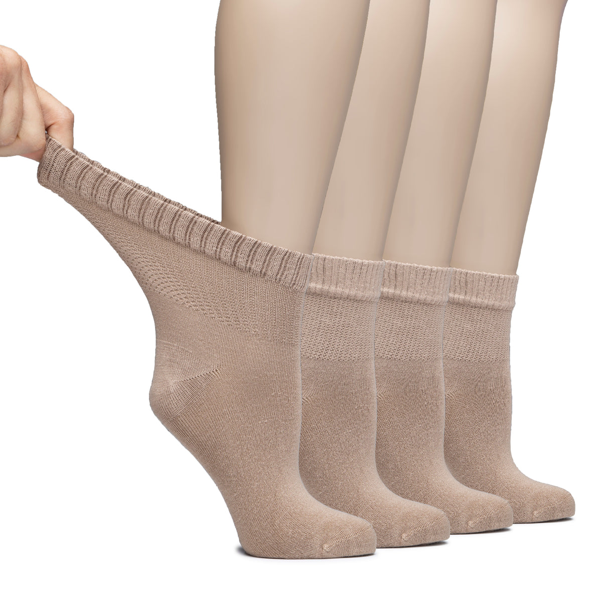 These are Diabetic Bamboo Ankle Socks worn by a woman, featuring a pair of legs covered in tan socks.