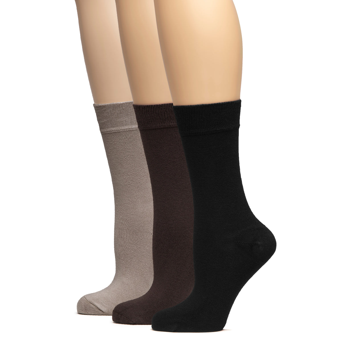 A trio of women's bamboo crew socks in classic black, grey, and tan hues. Perfect for everyday wear and ultimate comfort.