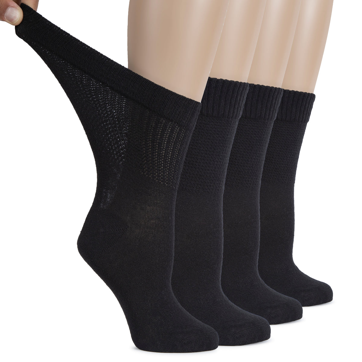 Hugh Ugoli Cotton Diabetic Women's Socks, Crew, Loose, Wide Stretchy, Thin, Seamless Toe and Non-Binding Top, 4 Pairs | Shoe Size: 9-12 | Navy Blue