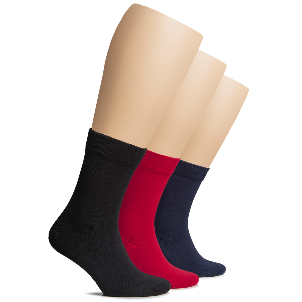 The picture shows three women's socks in different colors - blue, red, and black. These Women's Winter Cotton Crew Socks are ideal for keeping feet warm during winter.