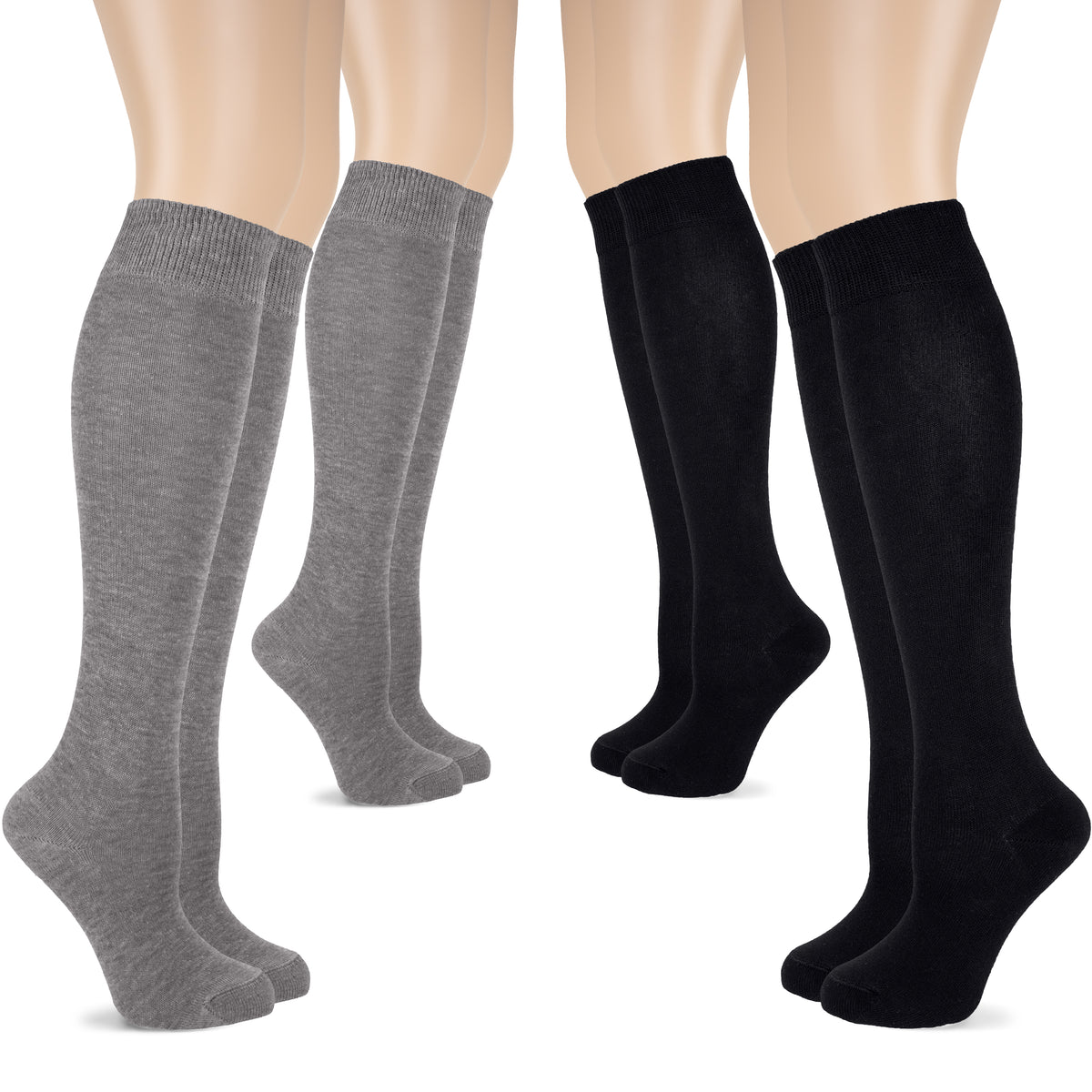 This image depicts four pairs of women's knee-high cotton socks in gray and black colors.