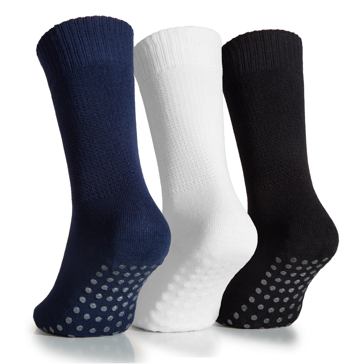 Displayed in the image are three pairs of Women's Bamboo Diabetic Ankle Socks with Non Slip Grip. The socks come in black, white, and blue, and feature dotted soles for improved traction.