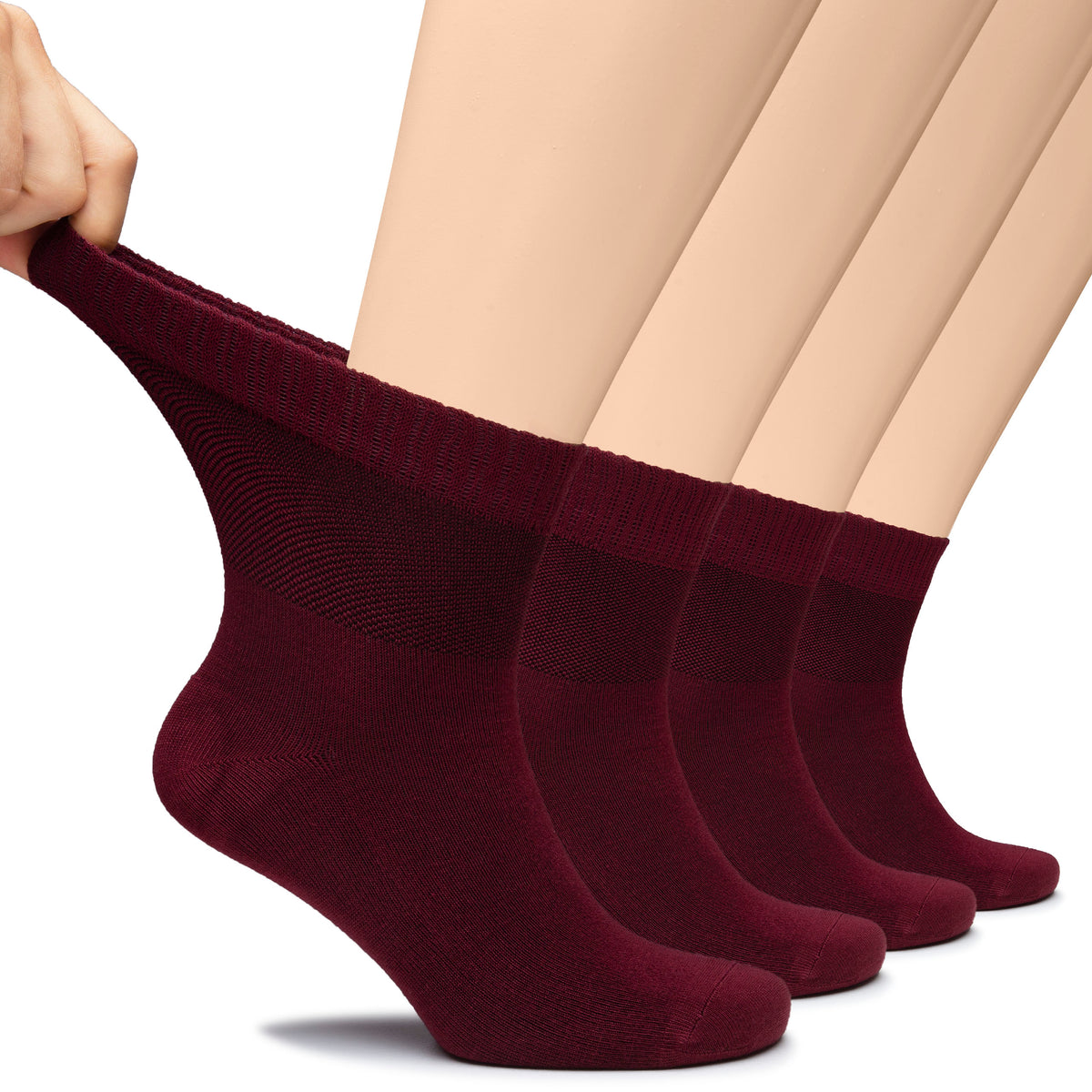 This image depicts two pair of maroon socks on a man's feet. The socks are Men's Bamboo Diabetic Socks, designed for comfort and support.