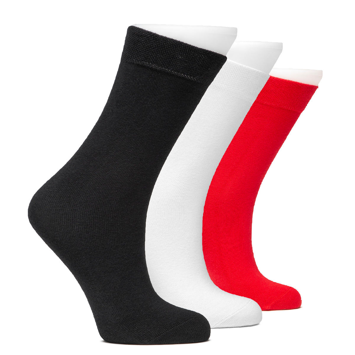 This image depicts three pairs of cotton dress crew socks for kids in black, white, and red colors.