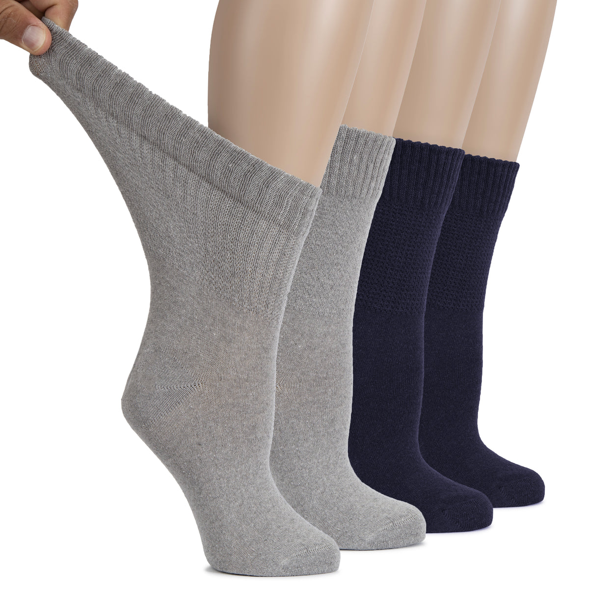 These Women's Diabetic Cotton Crew Socks feature two pairs with alternating blue and grey legs, providing both comfort and style.