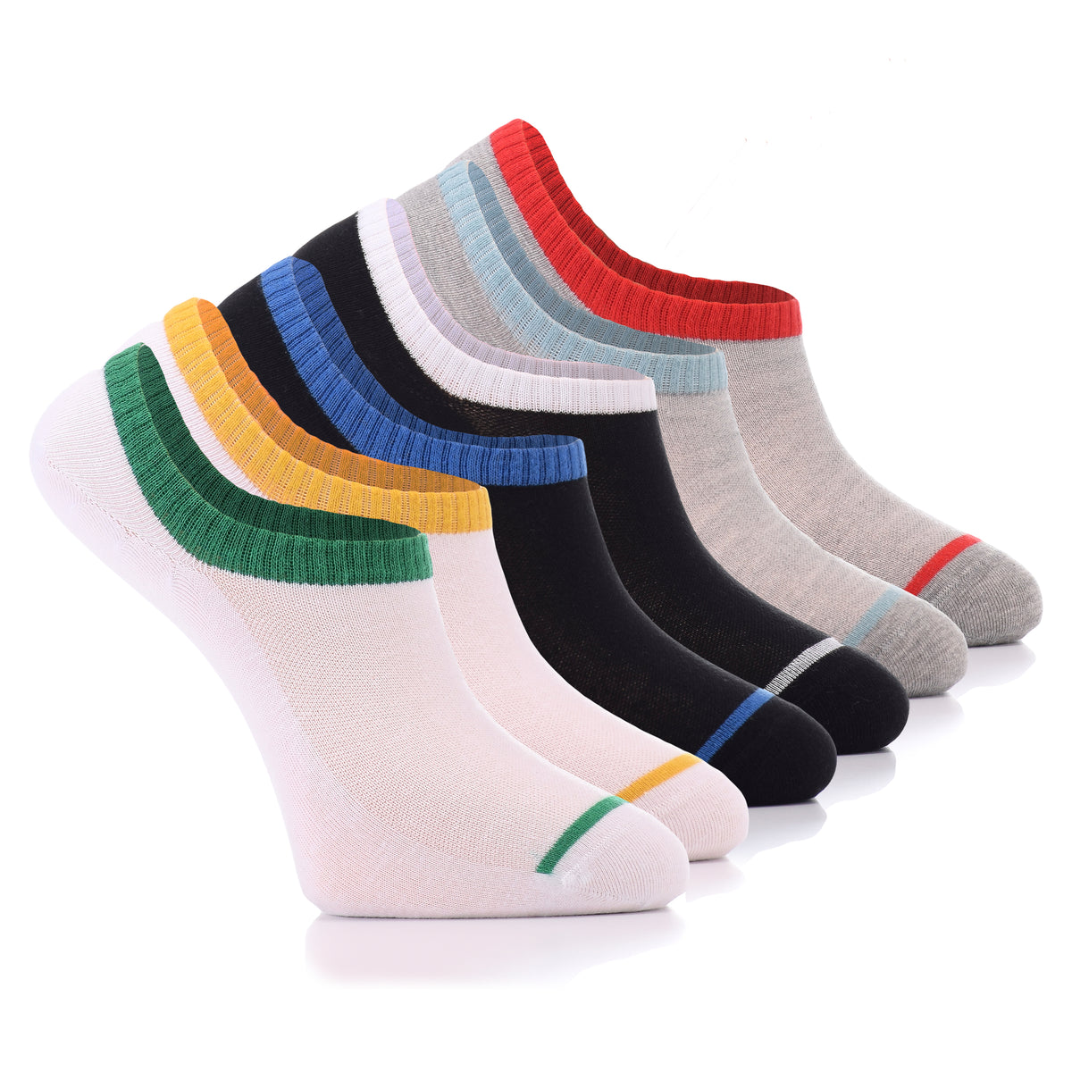 Elevate your sock game with these six pairs of men's patterned cotton no-show socks, each boasting a distinct color palette for a touch of personality.