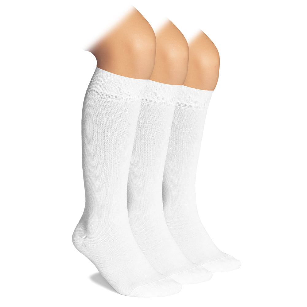 Three pairs of Kids' Bamboo School Knee-High white socks laid out on a white background.