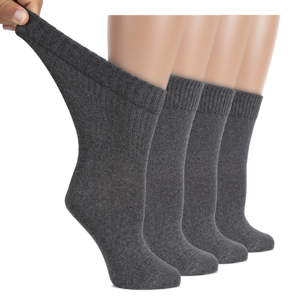 Two pairs of Women's Diabetic Cotton Crew Socks are displayed in the image, with one leg in the air, designed to provide comfort and support for women with diabetes.