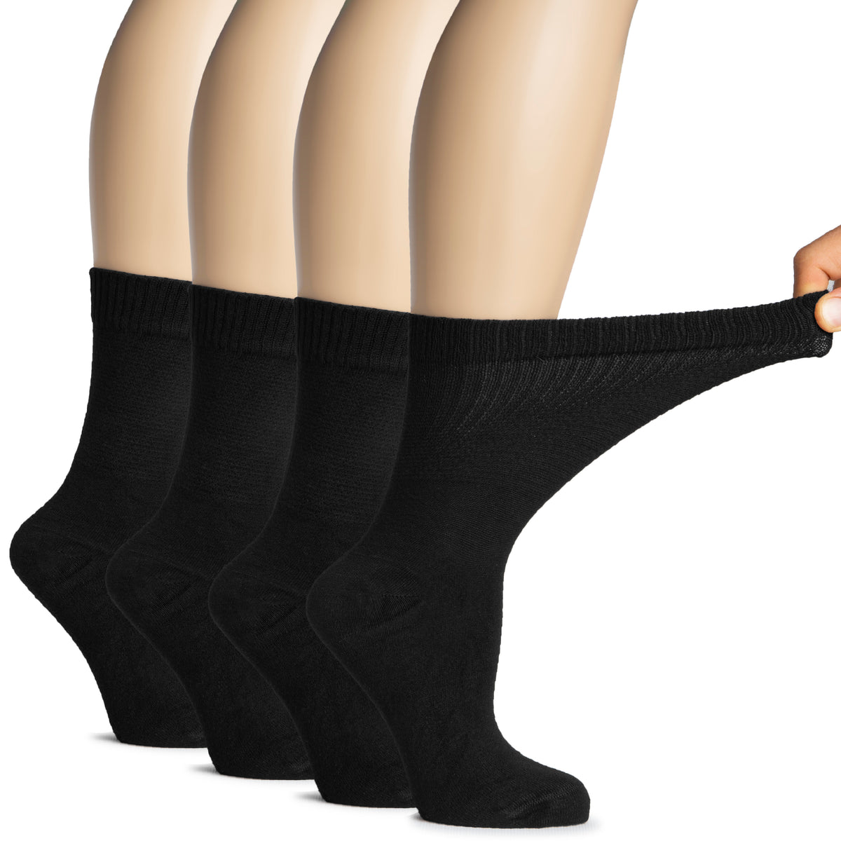 Elevate your sock game with these Women's Bamboo Diabetic Crew Socks, showcasing a black hue and one leg up design for added comfort.