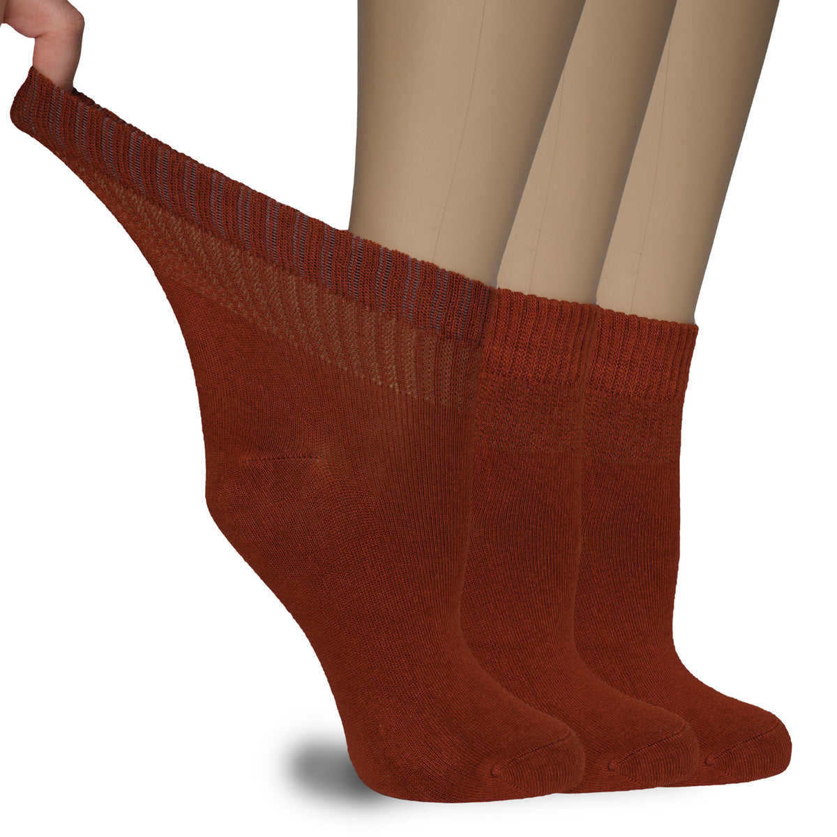 A woman's foot wearing Women's Diabetic Bamboo Ankle Socks in brown color. The socks are made of bamboo material, perfect for sensitive skin.