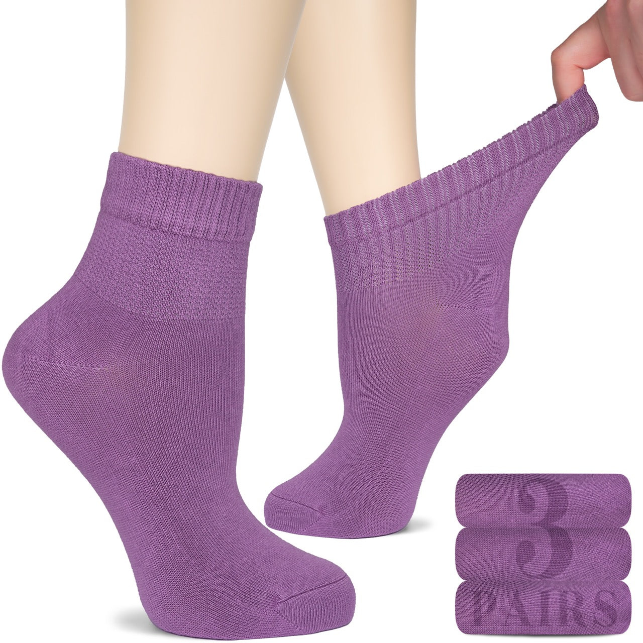 Women's Comfortable Diabetic Bamboo Ankle Socks for Swollen Legs, 3 Pairs