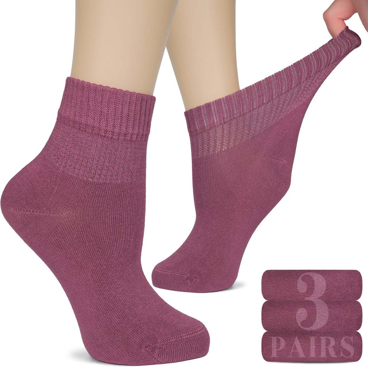 Women's Comfortable Diabetic Bamboo Ankle Socks for Swollen Legs, 3 Pairs