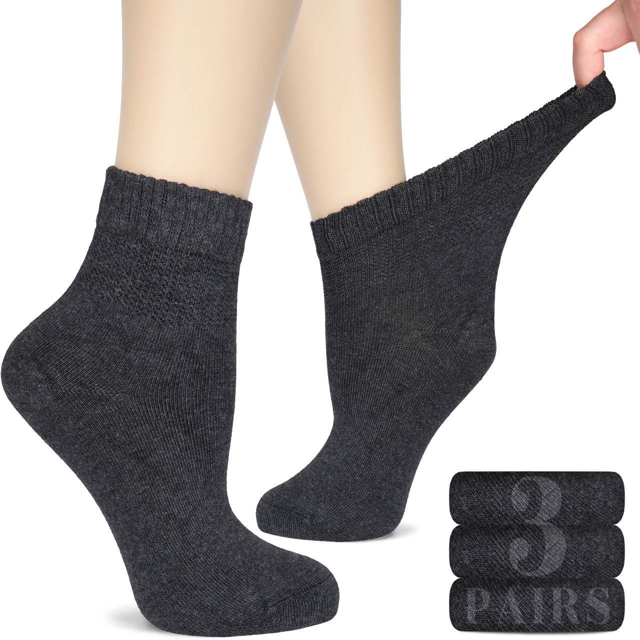 Women's Comfortable Diabetic Bamboo Ankle Socks for Swollen Legs, 3 Pairs