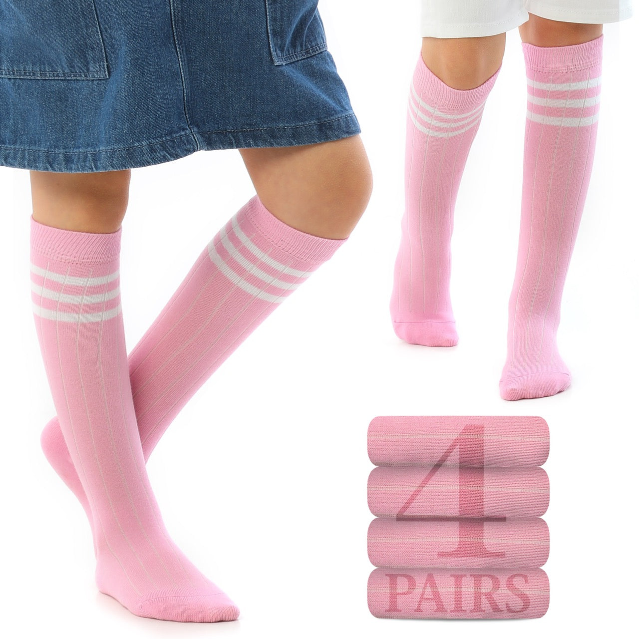 Striped Cotton Kids' Knee-High Dress Socks, 4 Pairs