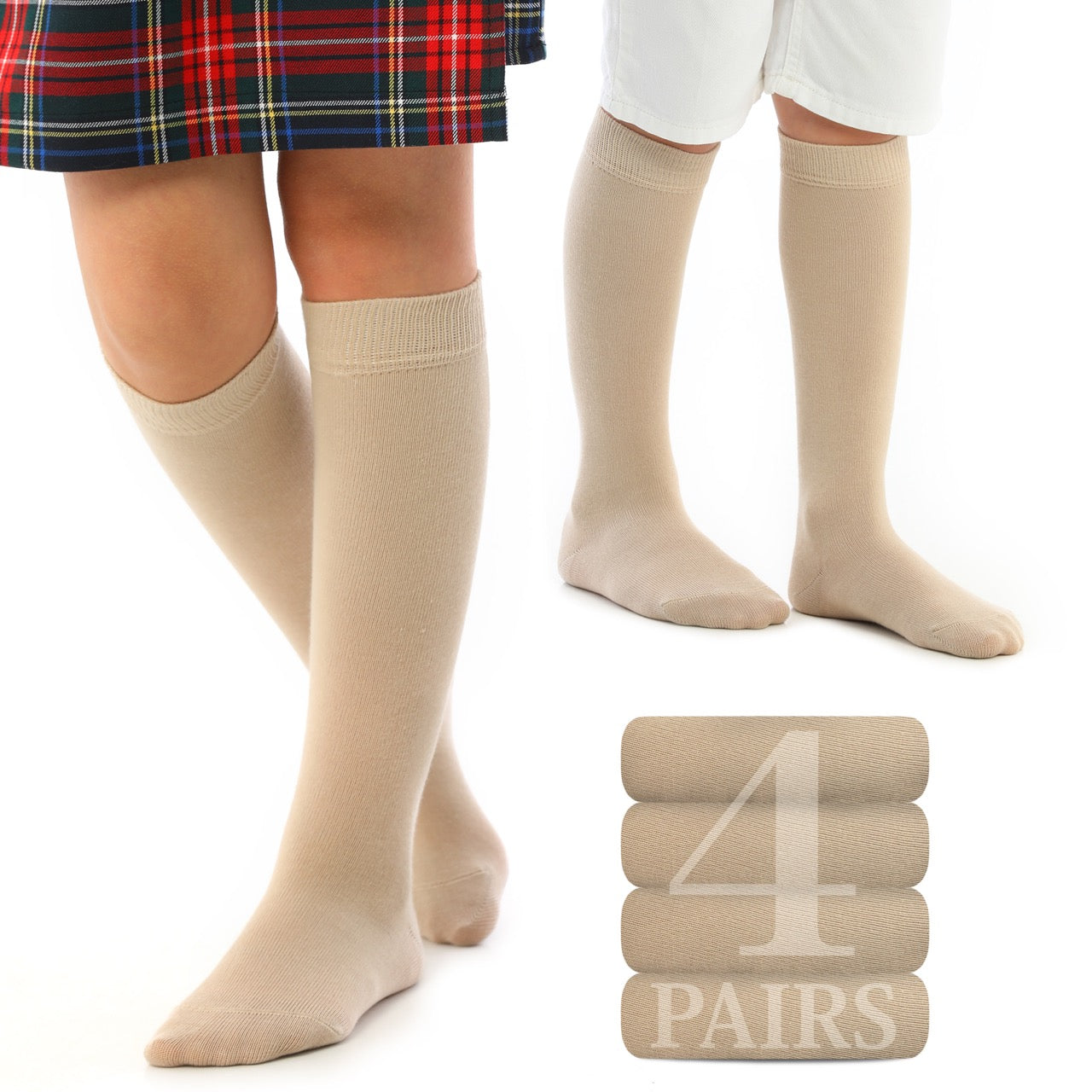 Kids' Plain Cotton Dress Knee-High Socks, 4 Pairs