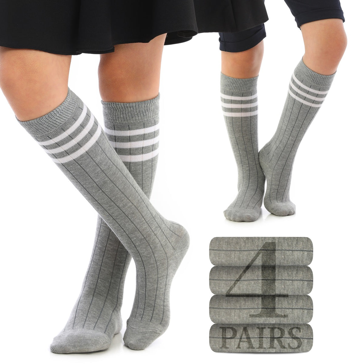 Striped Cotton Kids' Knee-High Dress Socks, 4 Pairs
