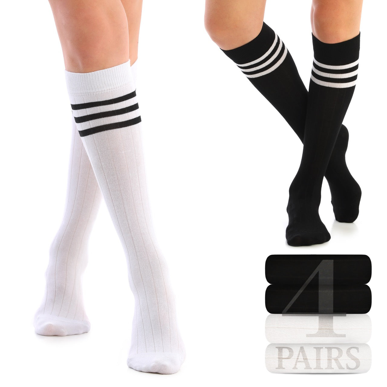 Women's Striped Cotton Dress Knee-High Socks, 4 Pairs