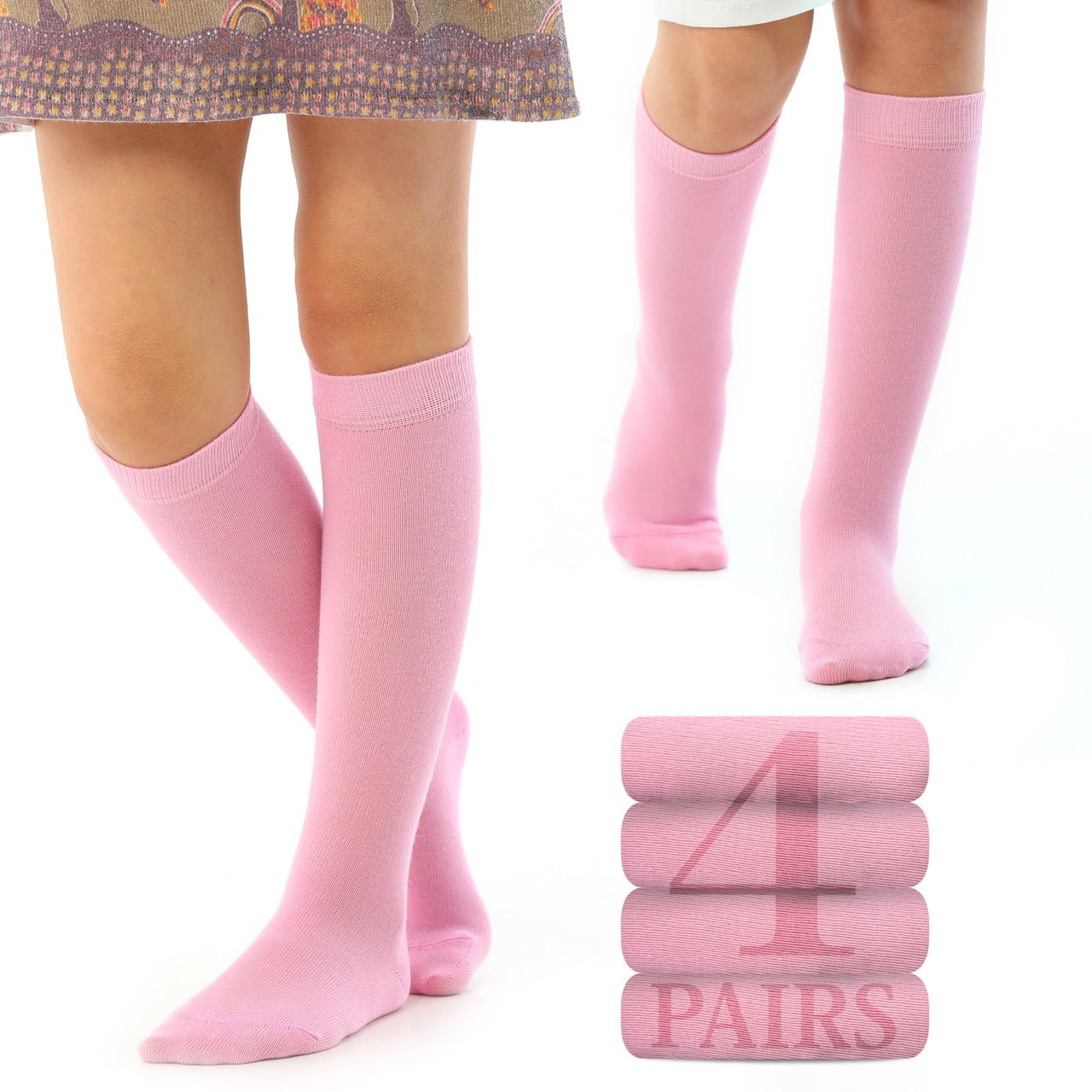 Kids' Plain Cotton Dress Knee-High Socks, 4 Pairs