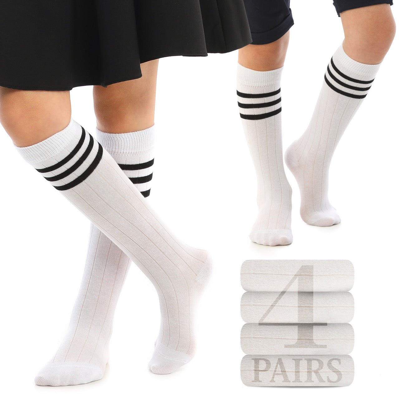 Striped Cotton Kids' Knee-High Dress Socks, 4 Pairs