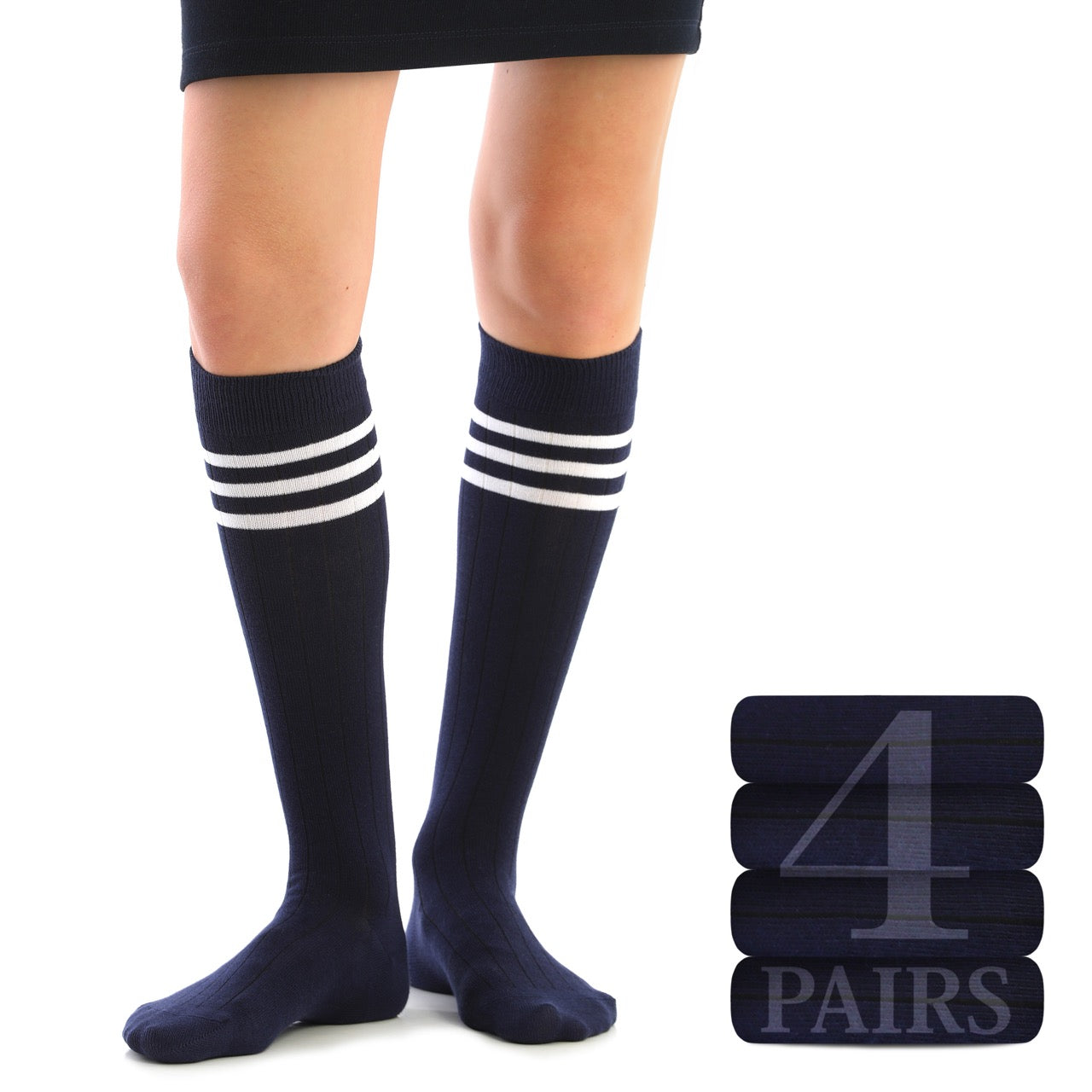 Women's Striped Cotton Dress Knee-High Socks, 4 Pairs