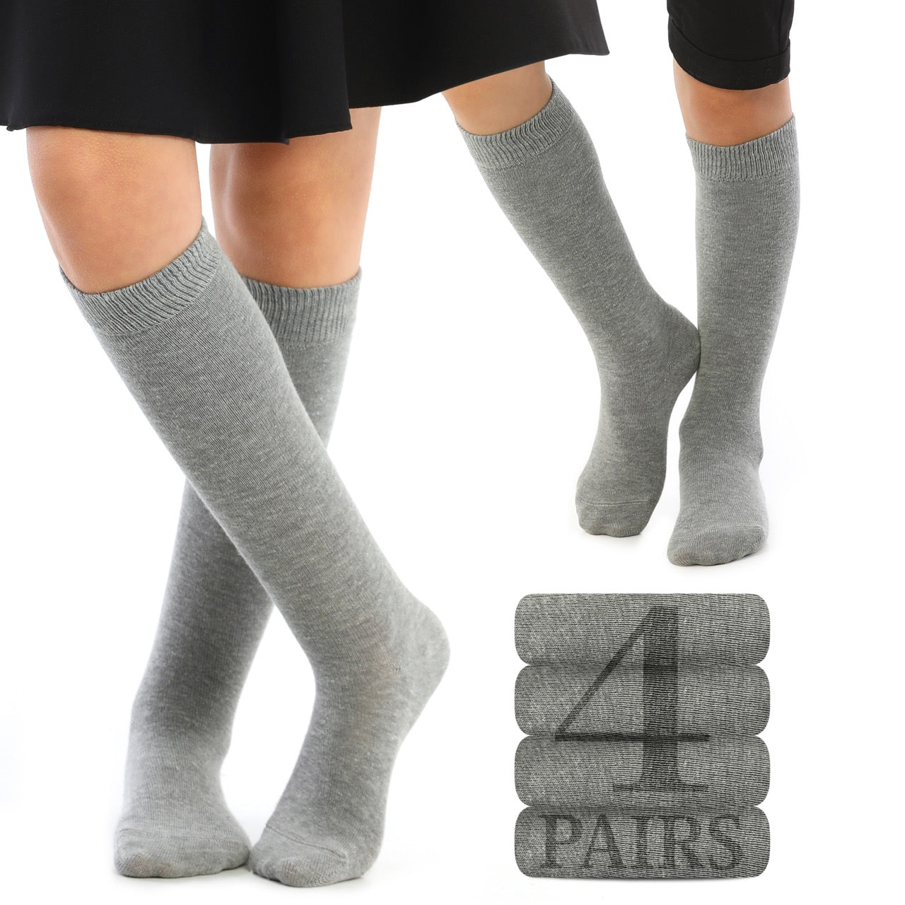 Kids' Plain Cotton Dress Knee-High Socks, 4 Pairs