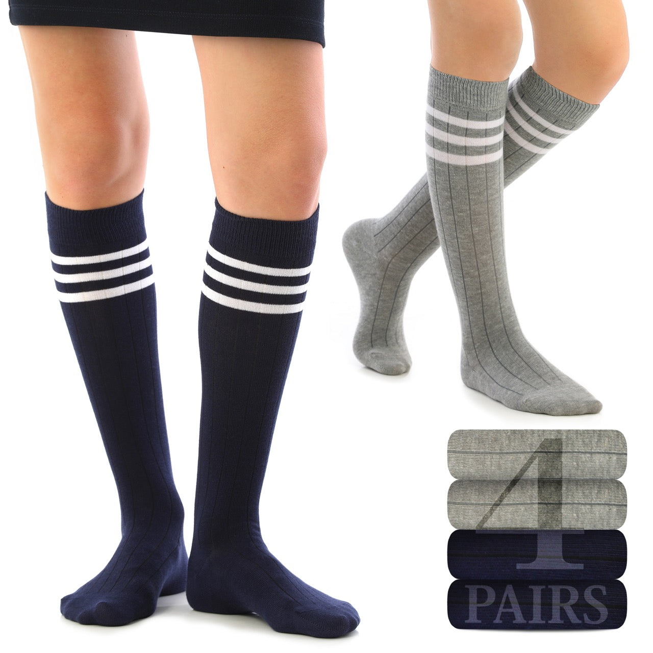 Women's Striped Cotton Dress Knee-High Socks, 4 Pairs