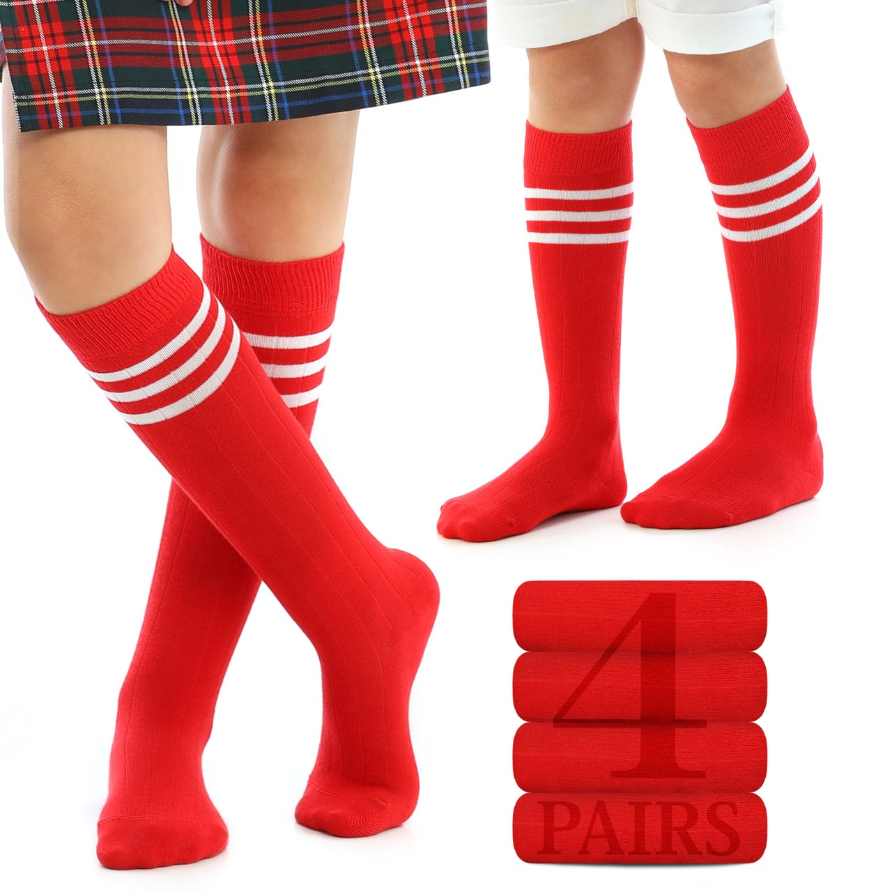 Striped Cotton Kids' Knee-High Dress Socks, 4 Pairs