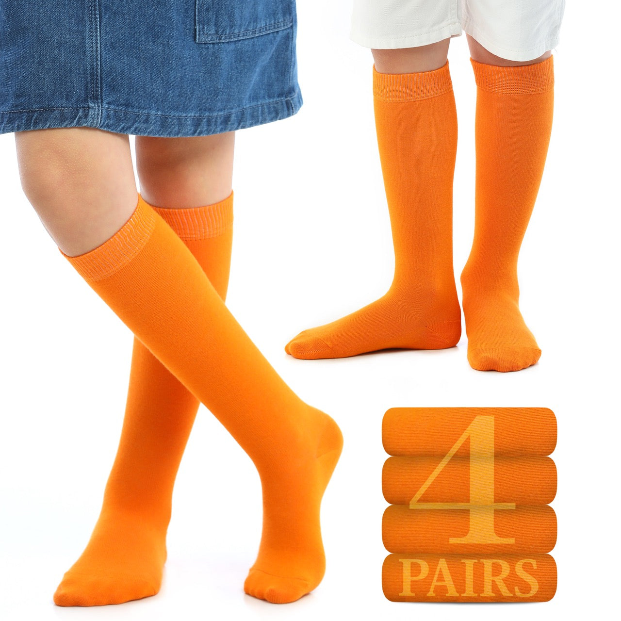 Kids' Plain Cotton Dress Knee-High Socks, 4 Pairs