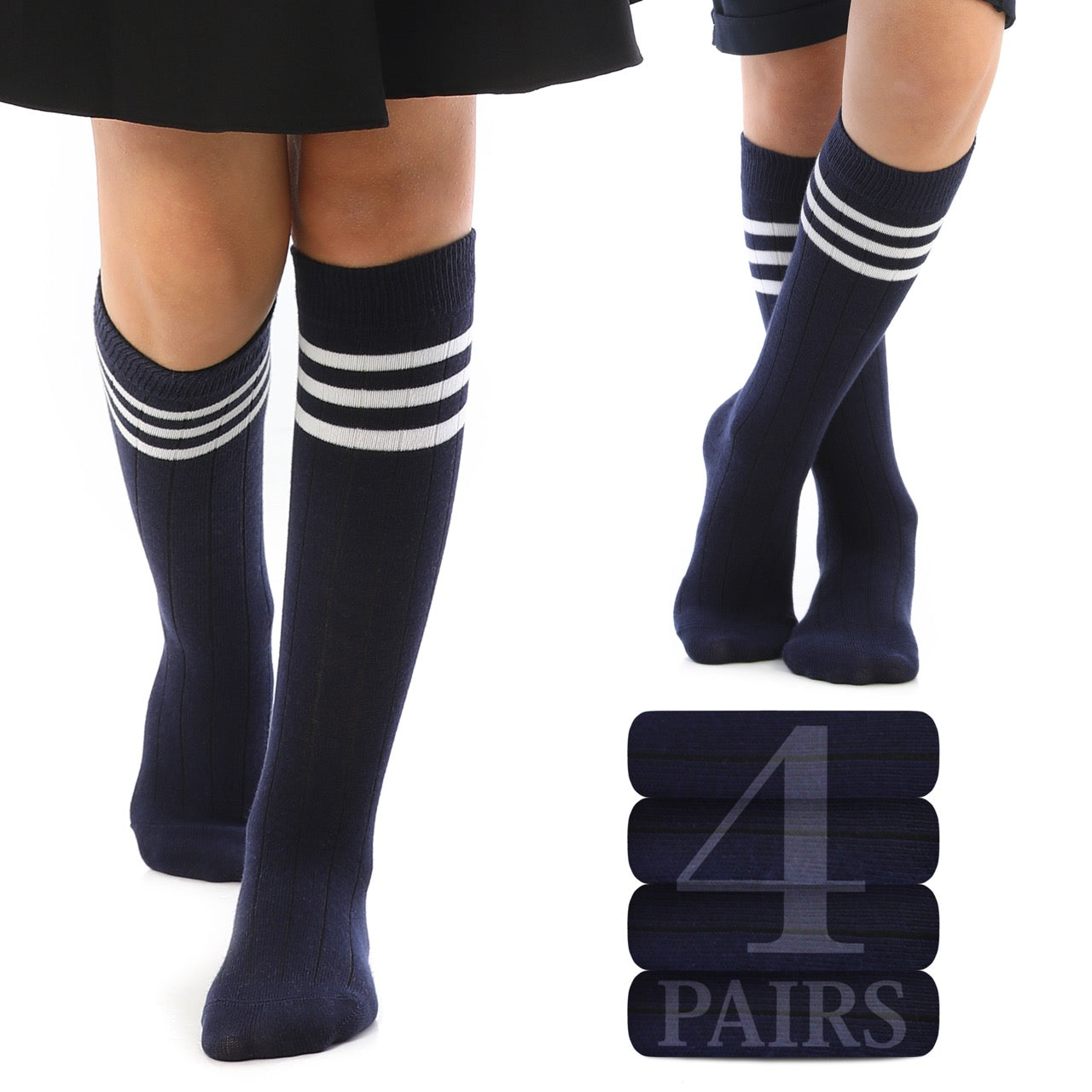 Striped Cotton Kids' Knee-High Dress Socks, 4 Pairs