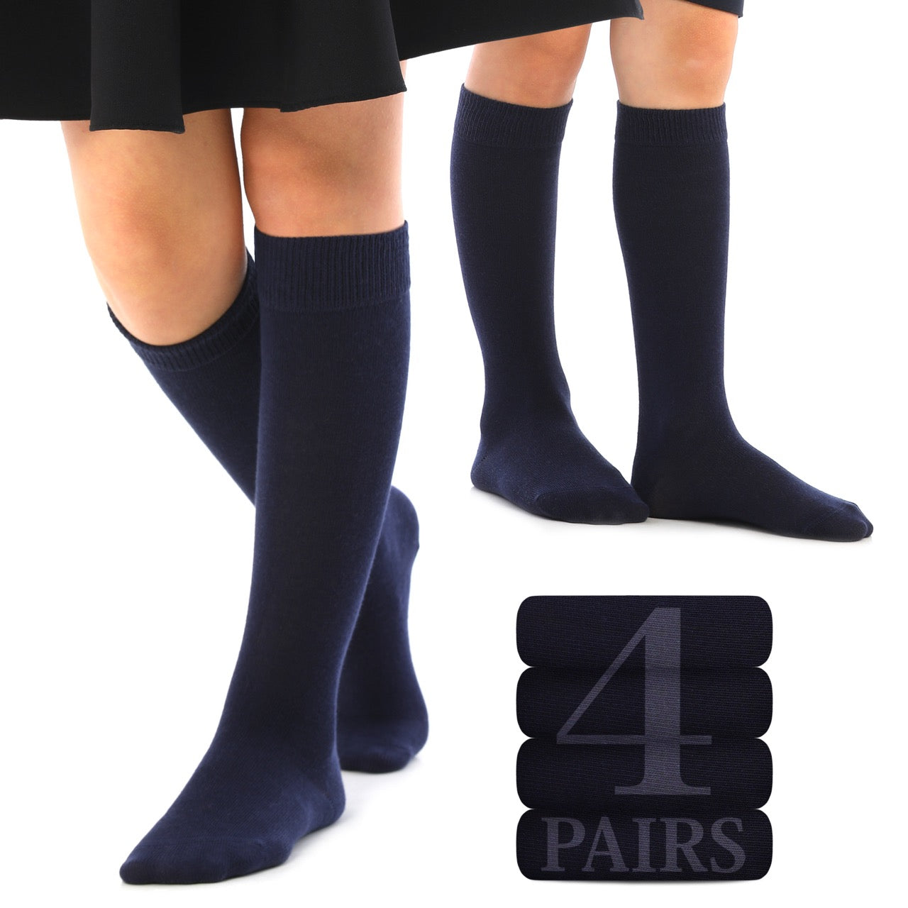Kids' Plain Cotton Dress Knee-High Socks, 4 Pairs