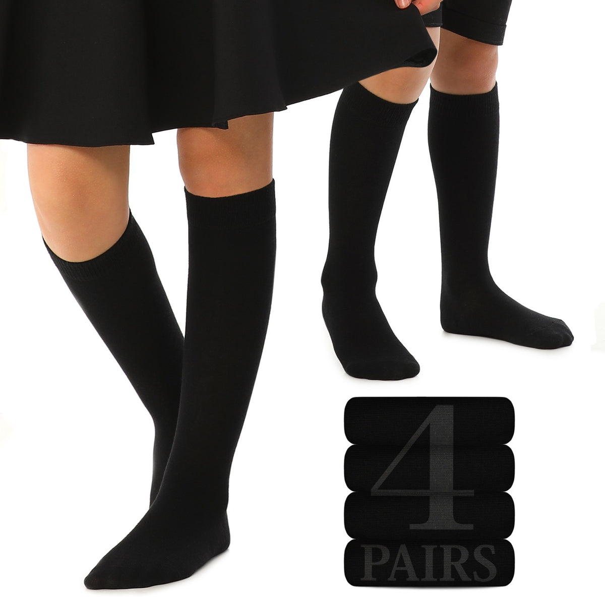 Kids' Plain Cotton Dress Knee-High Socks, 4 Pairs