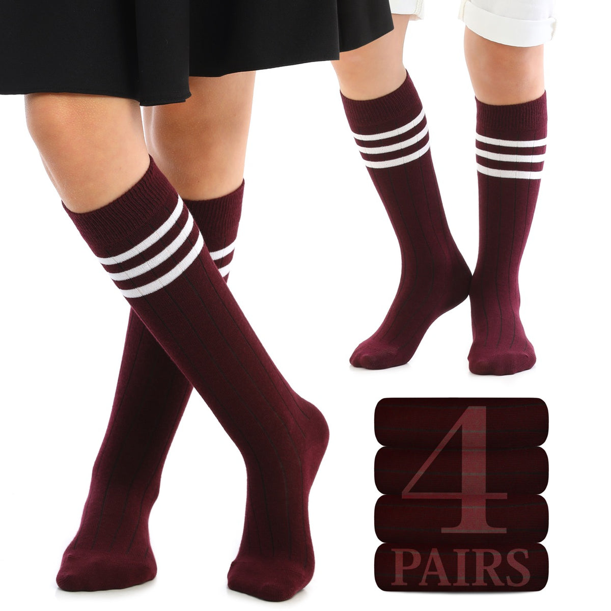 Striped Cotton Kids' Knee-High Dress Socks, 4 Pairs