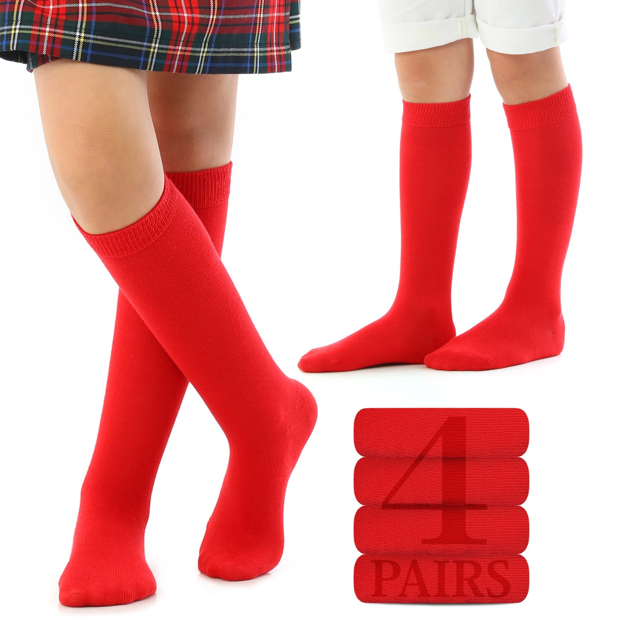 Kids' Plain Cotton Dress Knee-High Socks, 4 Pairs