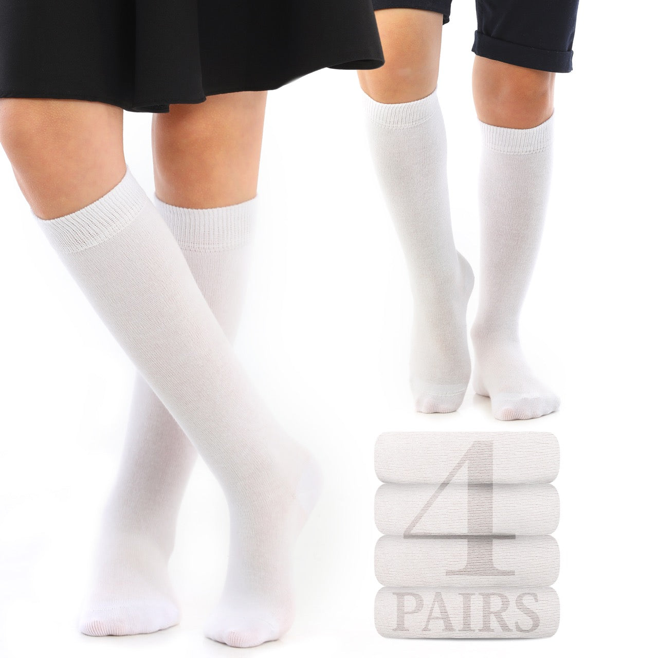 Kids' Plain Cotton Dress Knee-High Socks, 4 Pairs